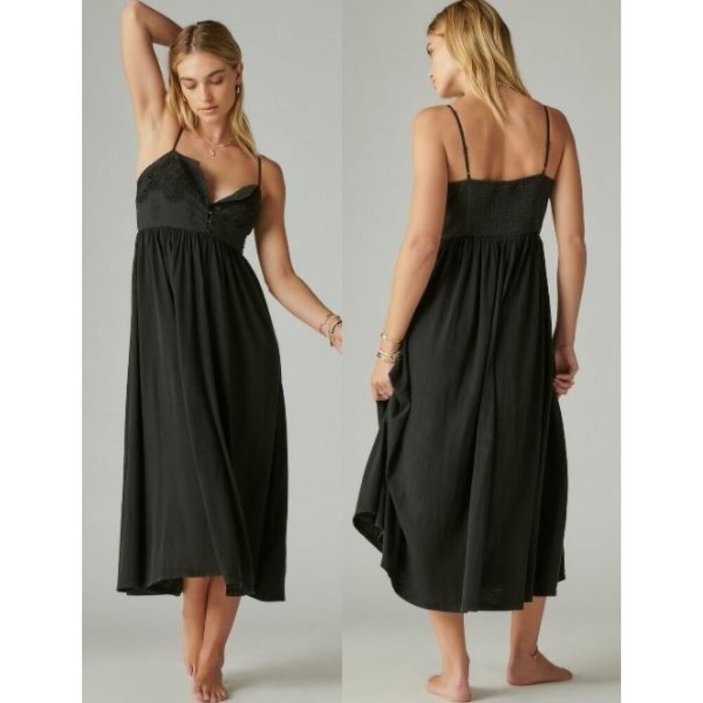 Lucky Brand Women's Lace Applique  Button Front Midi Dress NWT